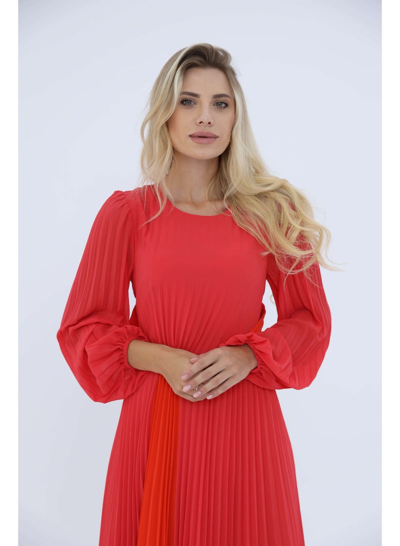 2TRENDY Women's Pleated Maxi Dress with Long Sleeves – Coral - Image 1